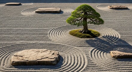 Serene Japanese Zen Garden with Raked Gravel, Moss, Bonsai Tree, and Flat Stones