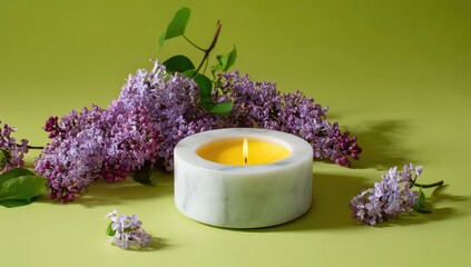 Round candle in marble dish, lilac blossoms