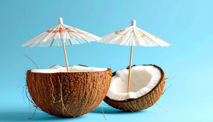 Two halved coconuts, adorned with paper umbrellas, on a light blue background