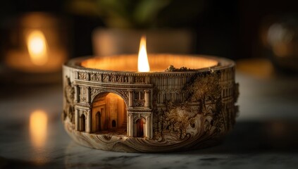 Ornate wooden candle holder, Roman arch design