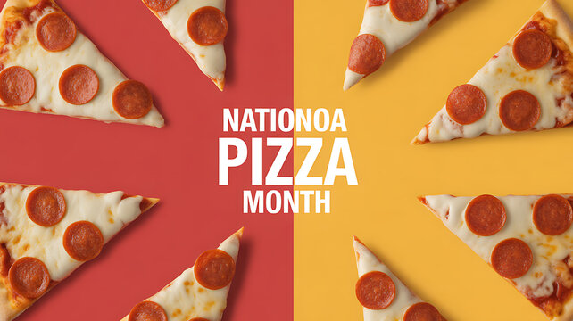 National Pizza Month celebration with pepperoni pizza slices arranged around text on red and yellow background