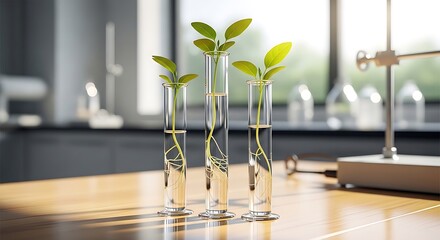 Seedlings sprout roots in glass tubes, laboratory setting with soft, natural light
