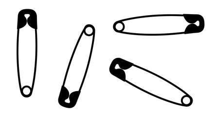 Four safety pins isolated and depicted with bold outlines on a white canvas vector
