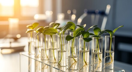 Seedlings in test tubes with roots, illuminated by sunlight in a laboratory setting