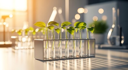 Seedlings in test tubes under bright light, a symbol of scientific research and growth