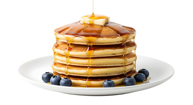 Stack of delicious pancakes with butter and maple syrup isolated on white background perfect for breakfast, brunch, or a sweet treat any time of day