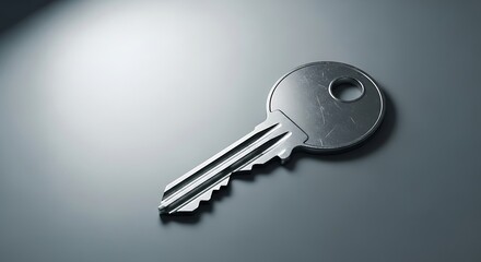 Scratched Metal Key on Dark Grey Surface with Dramatic Lighting