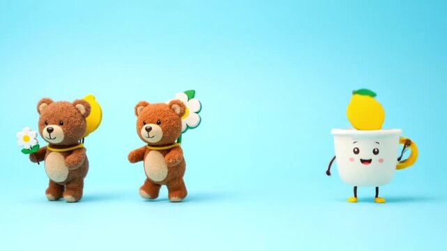Charming teddy bears and a cheerful teacup with a lemon playfully interact against a vibrant blue background, evoking joy and friendship.