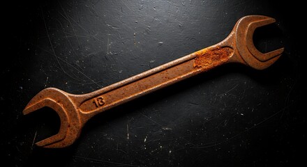Rusted Number 13 Wrench on Scratched Black Surface, Close-Up