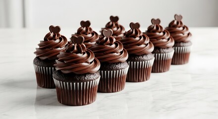 Row of Decadent Chocolate Cupcakes with Heart Toppers on Marble Surface