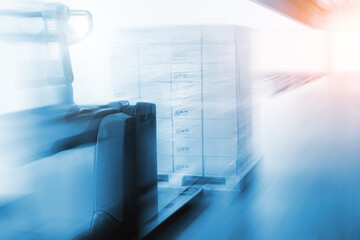 Blurred Warehouse Space for Logistics Industry. Forklift Pallet Jack, Package Boxes Supplies. Supply Chain Shipment Goods. Distribution Warehouse Shipping, Logistics Transportation.	
