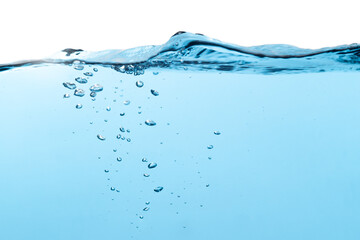 Air Bubbles Float Up in Water. Water Splashing, Pure Drinking Water, Oxygen Relaxation. Blue Water Textured on White Background.	
