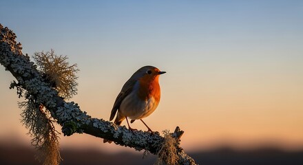 Robin Perched on Branch with Lichen Against a Sunset Sky