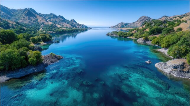 Aerial View of Serene Lake Surrounded by Rocky Mountains in Daylight Under Clear Blue Sky with Turquoise Water and Natural Landscape