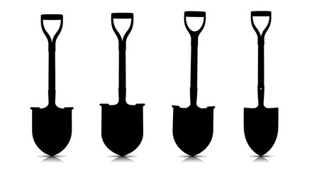 Row of four black silhouette shovels ready for gardening and construction work vector