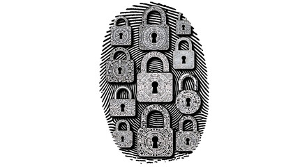 A fingerprint filled with various sizes of padlocks with intricate designs on a white background