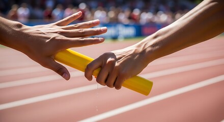 Relay race baton exchange with water droplets on a sunlit track