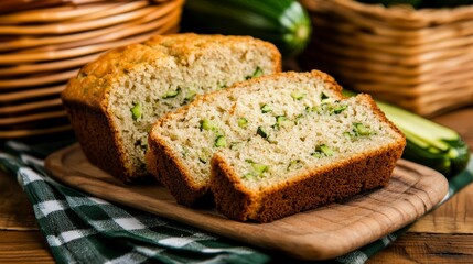 Freshly Baked Zucchini Bread Sliced on Wooden Board Surrounded by Fresh Zucchini and Natural Textures