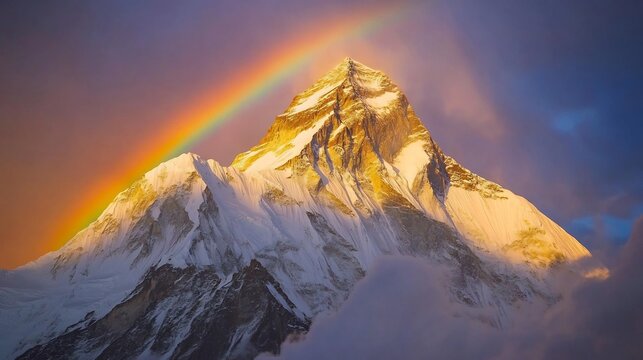 Rainbow arching over a snowy mountain peak with the sun casting a golden light on the snow covered summit and clouds rolling around the base creating a breathtaking mountain view