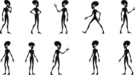 Alien silhouette vector illustration, extraterrestrial character design, humanoid creature artwork, sci fi alien graphic, space invader drawing, futuristic being silhouette