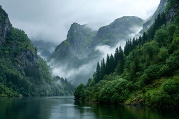Misty mountain valley with serene river and lush green forests under a cloudy sky