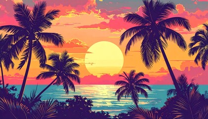 Obraz premium Vibrant sunset over ocean. Palm trees in silhouette frame the sun. Colorful sky reflects on water. Peaceful tropical scene