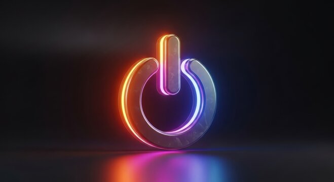 Glowing neon power button symbol on dark background