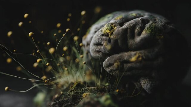 A plant with yellow flowers is growing on a rock. The plant is surrounded by a lot of moss. Closeup of rotting brain with fungal spores emerging, decayed texture, rotten dark conceptual dramatic