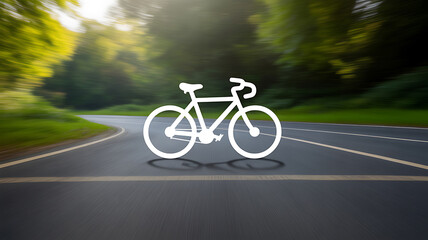 Naklejka premium White bicycle icon on a blurred road in a forested area, suggesting motion and cycling