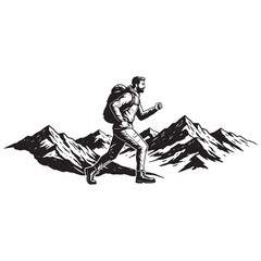 Hiker running through a mountain landscape illustration
