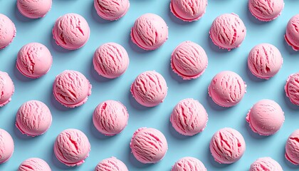 Pink ice cream scoops arranged in a grid pattern on a light blue background (2)