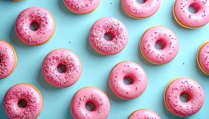 Pink glazed donuts in a grid pattern on a light blue surface