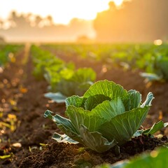 Cabbage plants in a field at sunrise