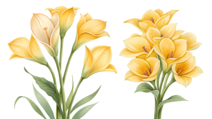 Set of Delicate Yellow Calla Lilies on transparent background