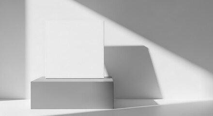 Fototapeta premium A grayscale, minimalist display features a blank square canvas resting atop a gray cube, highlighting the play of light and shadow.