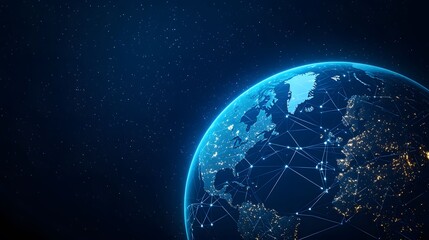 Obraz premium The image displays a stylized view of Earth in space, with interconnected lines emphasizing global networks and cities glowing. It's a visualization of global connectivity.