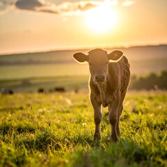 Calf at sunset in a field