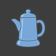 Blue teapot with lid and handle on dark background.