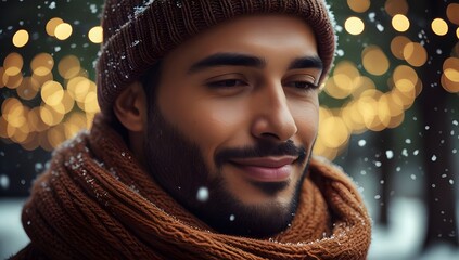 Cinematic closeup portrait of man in scarf and knitted beanie with snowflakes falling on his face, glowing holiday lights blurred in background, winter season style and cozy festive celebration vibes