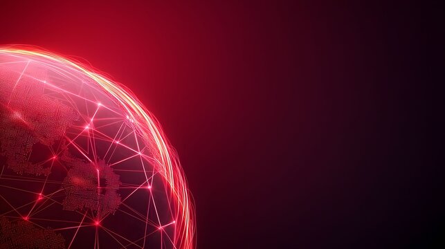The image shows a red globe with node connections, illuminated against a dark-red background, representing global connectivity and high-tech communication.