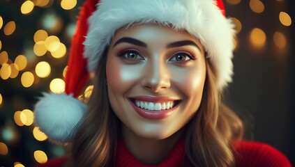 Festive closeup portrait of joyful young woman in Santa hat with glowing fairy lights bokeh background, warm holiday makeup, soft cinematic lighting, Christmas spirit and seasonal celebration