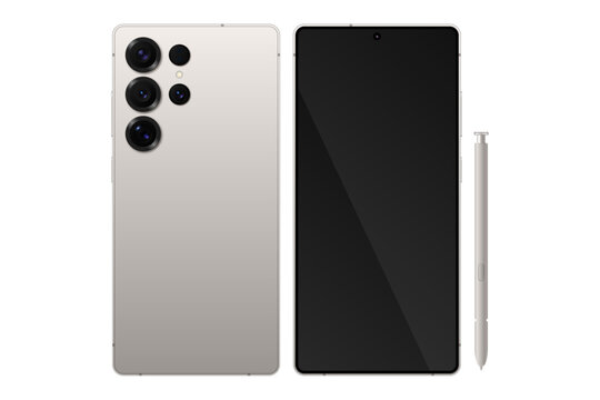 Titanium Silver version of a smartphone similar to Samsung Galaxy S25 Ultra with front and back view and S-Pen