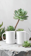 Two white mugs with succulents