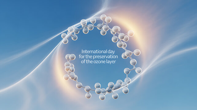 International Day for the Preservation of the Ozone Layer with molecular structure illustration against a blue sky background