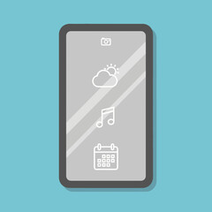 Illustration of a smartphone with weather, music, and calendar icons on the screen.