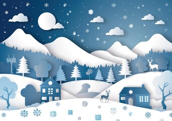 Winter landscape of snowy countryside and deer. Merry Christmas and Happy New Year. paper cut and craft design. vector, illustration.