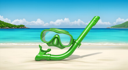 Green snorkel mask and tube on tropical beach scene. Tourist resting equipment on sandy beach with turquoise water and lush scenery.