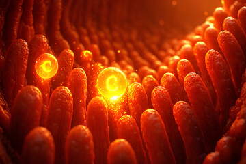 Bright orange vitamin C molecules are being absorbed into intestinal cells, creating a glowing, energizing effect.
