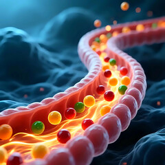 A microscopic view of the gut cells absorbing nutrients, small fluorescent molecules of vitamins and energy flowing into the cells, creating a sense of dynamic movement and flow.