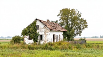 Obraz premium Abandoned House Surrounded by Overgrown Vegetation in a Rural Landscape on a Cloudy Day